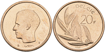 Бельгия 20 франков 1981 Belgie KM 160 никель бронза UNC 189-942