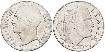 ИТАЛИЯ 20 ЧЕНТЕЗИМО 1941 R, ГОД XIX, ВИКТОР ЭММАНУИЛ III (1900-1946) KM 75b, VEM3. 1028 нержавеющая сталь 3853-554