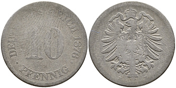 ГЕРМАНИЯ 10 ПФЕННИГОВ 1876 E, СТАРОГЕРБОВКА, KM 4, J. 4 медно-никель 83-1831