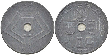 БЕЛЬГИЯ 10 САНТИМОВ 1943 BELGIE-BELGIQUE, ГЕРМАНСКАЯ ОККУПАЦИЯ, ВТОРАЯ МИРОВАЯ ВОЙНА KM 126 цинк 217-125