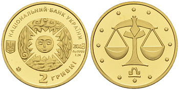 Украина 2 гривны 2008 весы, сертификат, вес 1,24 гр. KM 486 золото PROOF 1096-2-32