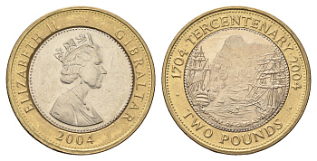 Гибралтар 2 фунта 2004 300 лет захвату Гибралтара KM 1057 биметалл UNC 4666-351