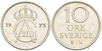 Швеция 10 эре 1973 U, Густав VI Адольф (1950-1973) КМ 835 медно-никель 3955-333