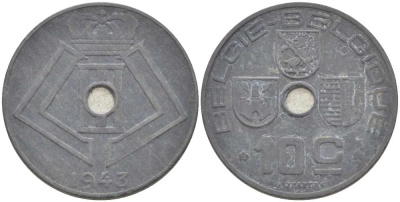 БЕЛЬГИЯ 10 САНТИМОВ 1943 BELGIE-BELGIQUE, ГЕРМАНСКАЯ ОККУПАЦИЯ, ВТОРАЯ МИРОВАЯ ВОЙНА KM 126 цинк 217-125