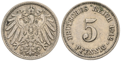 Германия 5 пфеннигов 1912 A, KM 11, J. 12 медно-никель 220-632