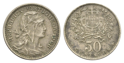 Португалия 50 сентаво 1968 голова Свободы вправо KM 577 никель латунь 4659-649