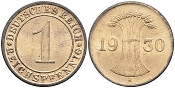 ГЕРМАНИЯ 1 РЕЙХСПФЕННИГ 1930 A KM 37, J. 313, Weege 2 бронза 4547-145