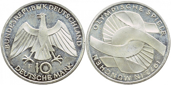 ФРГ 10 марок 1972 F, XX летние Олимпийские игры 1972 года в Мюнхене, символика KM 131, J.402 серебро PROOF 1520-1431