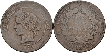 Франция 10 сантимов 1870 А, третья республика (1870-1931) KM 815.1, Le Franc 135.4 бронза 4117-636