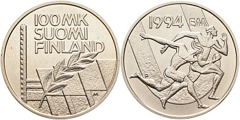 Финляндия 100 марок 1994 стадион дружбы, бег KM 78 серебро  UNC 11-114-45