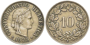 ШВЕЙЦАРИЯ 10 РАППЕНОВ 1925 В KM 27 медно-никель 4513-231