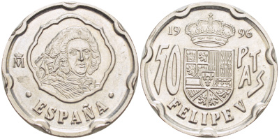 ИСПАНИЯ 50 ПЕСЕТ 1996 ПОРТРЕТ КОРОЛЯ ФИЛИППА V, ХУАН КАРЛОС I ( 1975-) KM 963 медно-никель 216-747