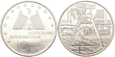 ФРГ 10 евро 2003 F, Рурский бассейн, промышленная зона KM 224, DE.S. 10.10 серебро PROOF 02-078-13