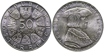 Австрия 50 шиллингов 1969 450 лет со дня смерти Максимилиана I KM 2906 серебро aUNC 00-00