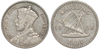 Фиджи 1 шиллинг 1936 Георг V (1910-1936), парусник KM 4 серебро 91-1036
