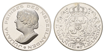 Нидерланды медаль из серии история Нидерландов - Юлиана - принцесса Нидерландская первая половина XX века L'Orange Fleurira (апельсин расцветёт), диаметр 25 мм, вес 6 гр серебро PROOF 4671-1046