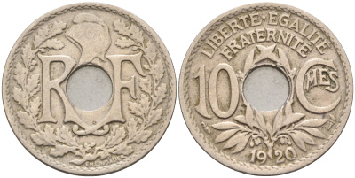 Франция 10 сантимов 1920 тип Линдайё KM 866а медно-никель 4116-446