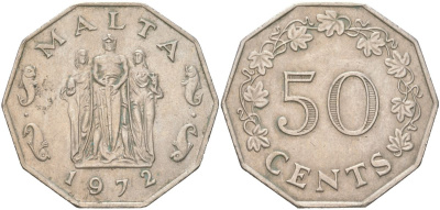 Мальта 50 центов 1972 памятник великой осаде в столице Валлетте KM 12 медно-никель 4389-716