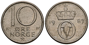 Норвегия 10 эре 1987 KM 416 медно-никель 4173-742