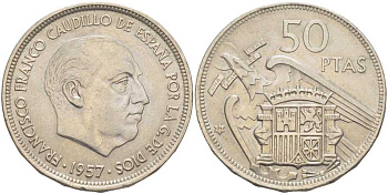 Испания 50 песет 1957 (71) Франциско Франко (1939-1975) KM 788 медно-никель 3334-331