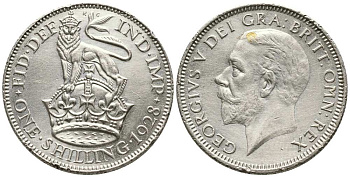 Великобритания 1 шиллинг 1928 Георг V (1910-1936) KM 833, Spink 4039 серебро aUNC 1518-723