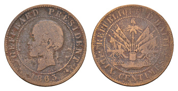 Гаити 10 сантимов 1863 год-тип, Heaton, Президент Фабр Жеффрар KM 40 бронза 4655-459