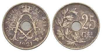 Бельгия 25 сантимов 1921 Belgique KM 68 медно-никель 4650-246