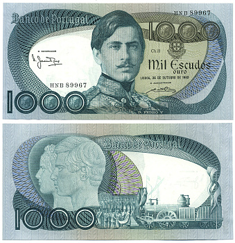 ПОРТУГАЛИЯ 1000 ЭСКУДО 1982 26 ОКТЯБРЯ 1982, ПАРОВОЗ, ПЕДРО V Pick 175e бумага aUNC 8564-27-2