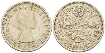 Великобритания 6 пенсов 1958 Елизавета II (1952-2022) KM 903, Spink 4149 медно-никель 218-836