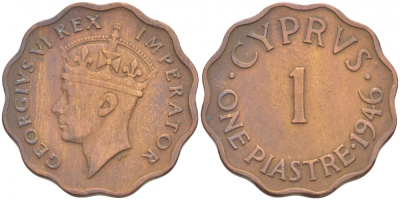 КИПР 1 ПИАСТР 1946 ГЕОРГ VI KM 23a бронза 213-745
