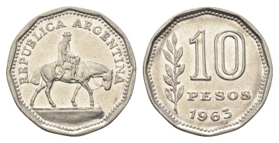 Аргентина 10 песо 1963 Гауч KM 60 сталь плакированная никелем 4663-653