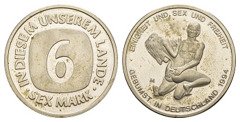 Германия эротический жетон - 6 секс марок 1994 диаметр 31 мм, вес 12,74 гр медно-никель PROOF 1518-932