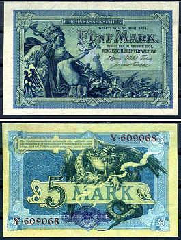 Германия 5 марок 1904 6 значный номер, серия Y Pick 8 a бумага UNC (пресс) 7214-24-1-2