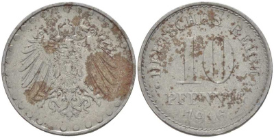 ГЕРМАНИЯ 10 ПФЕННИГОВ 1916 A KM 20, J. 298 железо 4401-113