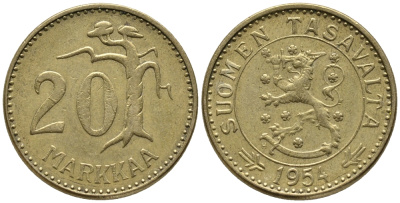 ФИНЛЯНДИЯ 20 МАРОК 1954 KM 39 алюминиевая бронза 34-1055