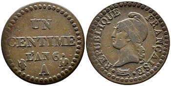 Франция 1 сантим L AN 6 А, Исполнительная директория (1795-1799) KM 646 (C 134), Le Franc 100.2 бронза 4392-661