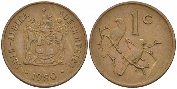 ЮАР 1 ЦЕНТ 1980 ГЕРБ, КАПСКИЕ ВОРОБЬИ KM 82 бронза 3309-615