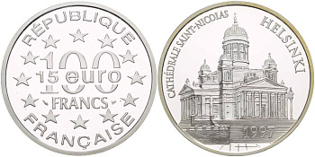 ФРАНЦИЯ 100 ФРАНКОВ = 15 ЕВРО 1997 КАФЕДРАЛЬНЫЙ СОБОР СВЯТОГО НИКОЛАЯ В ХЕЛЬСИНКИ, ПРОБА 900, ВЕС 22,2 ГР., ТИРАЖ 20000 ЭКЗ. KM 1176 серебро PROOF 1088-9-13