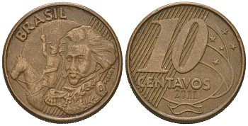 Бразилия 10 сентаво 2011 KM 649, Schon 157 сталь плакированная латунью 4618-745