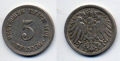 ГЕРМАНИЯ 5 ПФЕННИГОВ 1906 A, KM 11, J. 12 медно-никель 76-223