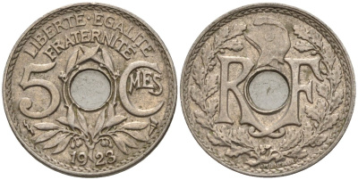 Франция 5 сантимов 1923 KM 875 медно-никель 4596-565