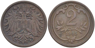 АВСТРИЯ 2 ГЕЛЛЕРА 1905 ФРАНЦ ИОСИФ (1846-1918) KM 2801 бронза 201-955