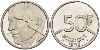 БЕЛЬГИЯ 50 ФРАНКОВ 1993 BELGIQUE, БОДУЭН I (1951-1993) KM 168 никель 210-956