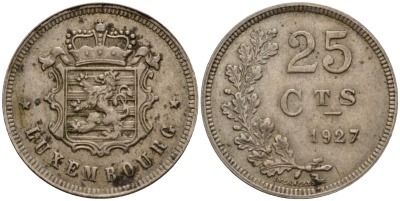 Люксембург 25 сантимов 1927 Шарлотта (1918-1964) KM 37 медно-никель 4122-326
