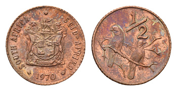 ЮАР 1/2 цента 1970 два капских воробья на ветке KM 81 бронза UNC 116-511