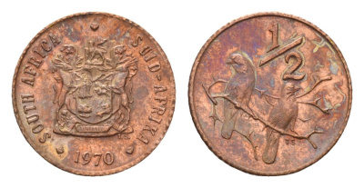ЮАР 1/2 цента 1970 два капских воробья на ветке KM 81 бронза UNC 116-511