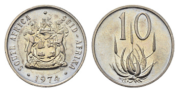 ЮАР 10 центов 1974 герб, цветок алоэ KM 85 никель UNC 4690-948