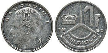 БЕЛЬГИЯ 1 ФРАНК 1990 KM 170 никелированное железо 72-1112