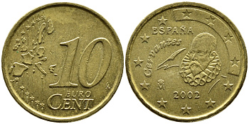 ИСПАНИЯ 10 ЕВРОЦЕНТОВ 2002 KM 1043 латунь 4391-155
