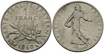 Франция 1 франк 1960 сеятель KM 925 никель 4135-814